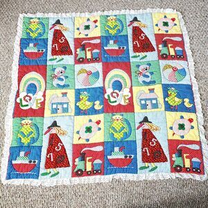 Vintage Baby Quilt Blanket 1970's Spring Mills Childrens Mixed Print  44" X 42"